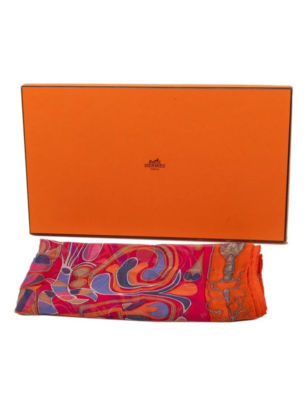 Hermes Long Shawl Large Red Multicolor Silk Scarf